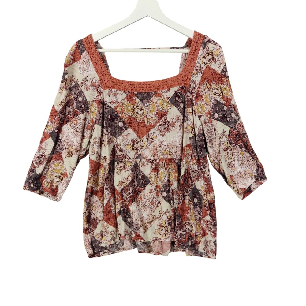 Maurices Womens Rustic Boho Cottage Earthy Peplum Top‎ 1X Patchwork Floral Flowy